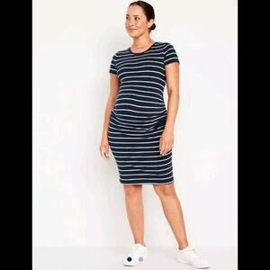Old Navy  Maternity Bodycon Dress White Black Striped Ruched Short Sleeve Size M